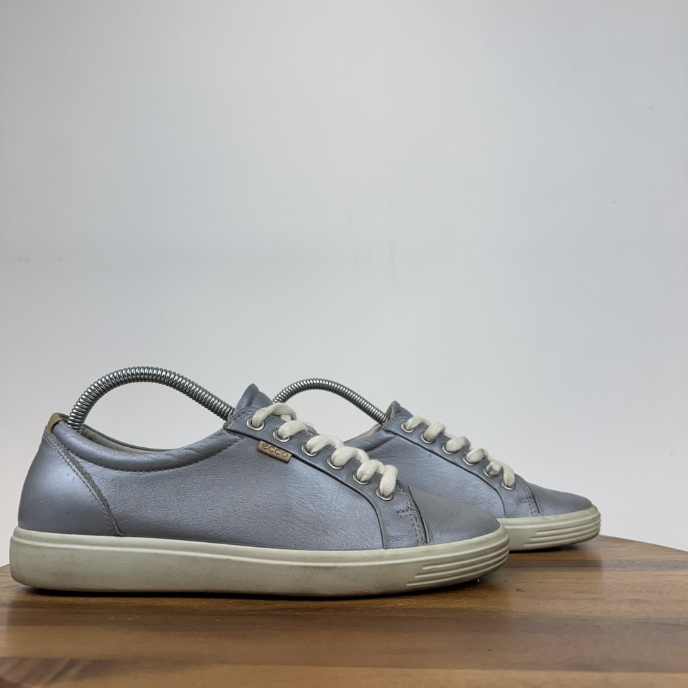 Womens Ecco Soft 7 Blue Gray Leather‎ Casual Comfort Sneakers Shoes Size 9-9.5